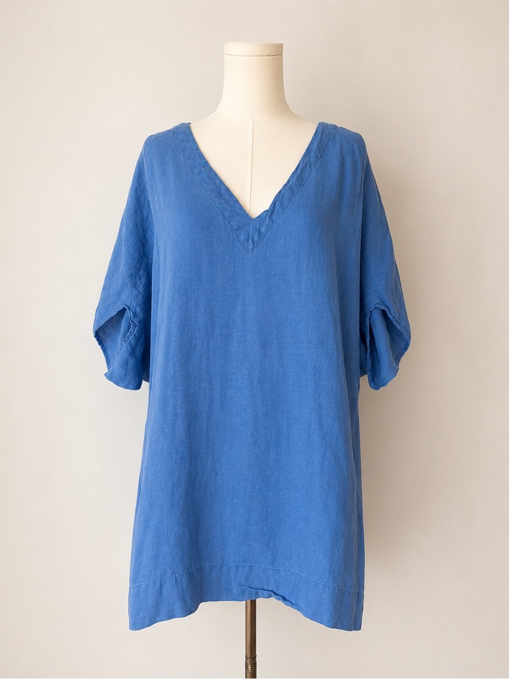 Zara Basic 100% Linen Blue V Neck Tunic Dress Size L Pockets Coastal Lagenlook